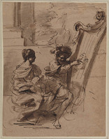 H 060
<br/>
Harpist en vrouw met bladmuziek, zittend in park
<br/>
<em>Mola, Pier Francesco (1612-1666)</em>